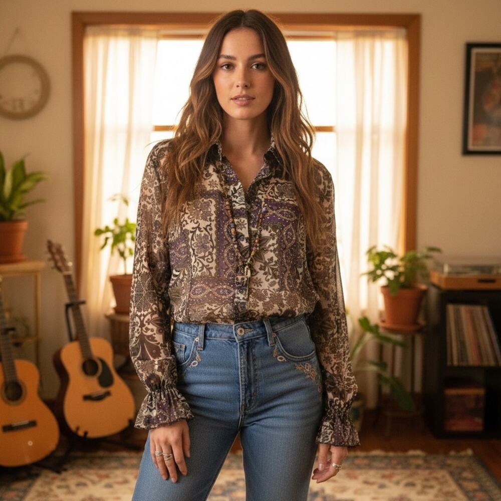 Button Down Paisley Print Blouse